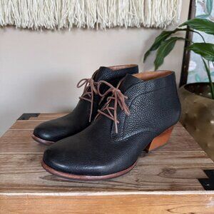 Kork-Ease Helene Black Leather Brown Covered Heel Lace Up Bootie Size 8.5